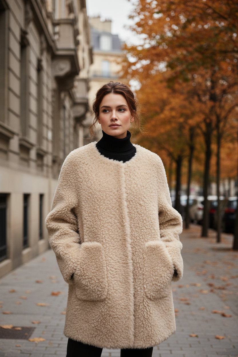 Beige shearling coat with ribbed black turtleneck, long sleeves, side open hem