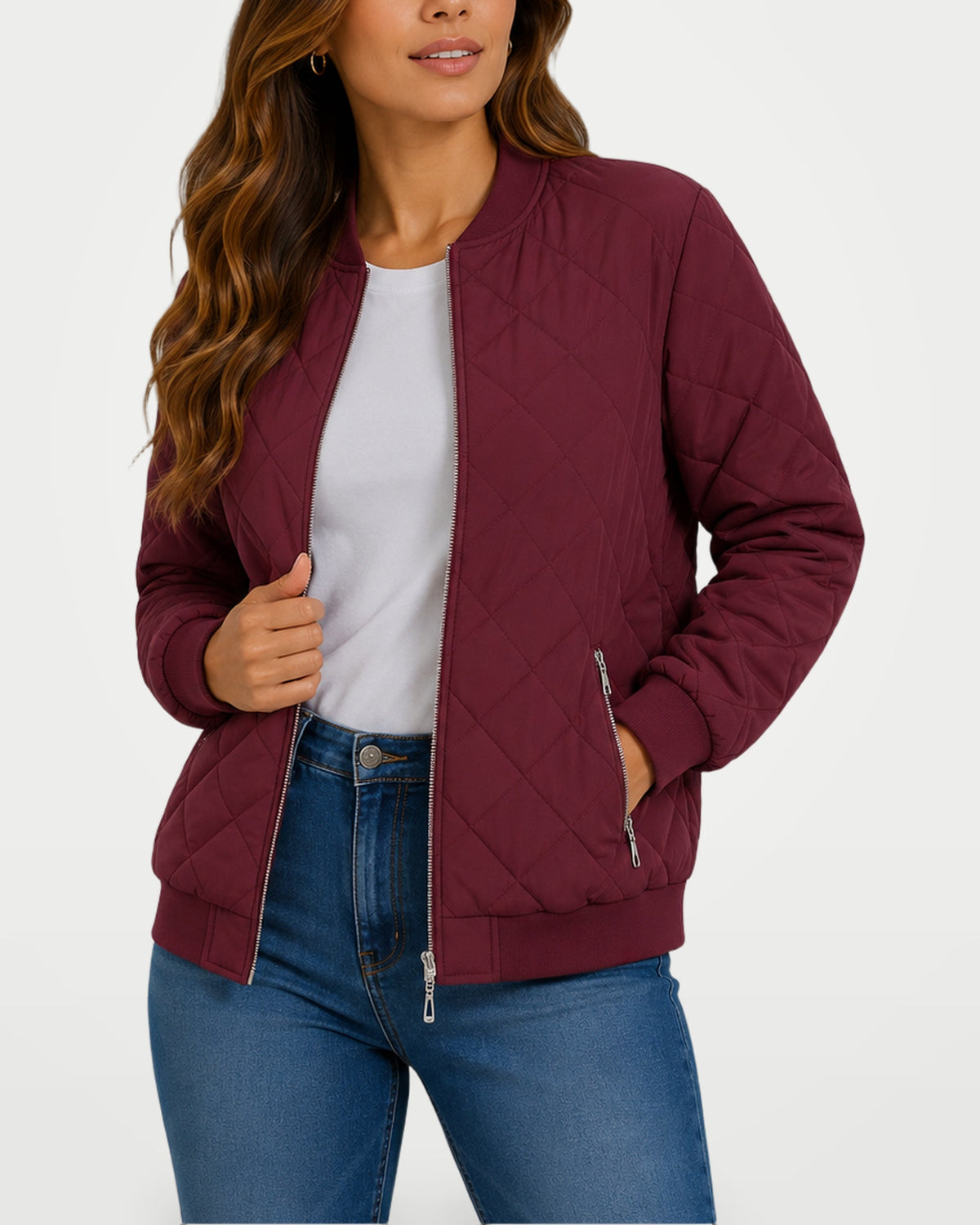 Women’s quilted bomber jacket in deep wine-red, diamond stitching, front zipper.