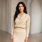 Women’s crossover V-neck knit sweater in cream/beige with long sleeves and ribbed trim