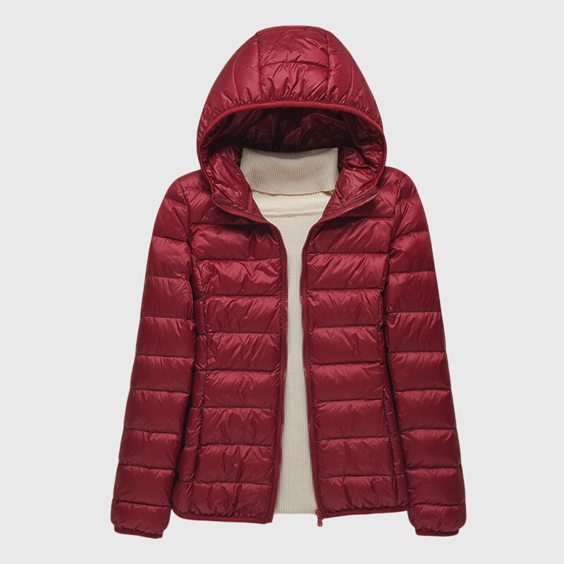Ultra-light quilted jacket, burgundy, full-zip hood with ribbed knit collar