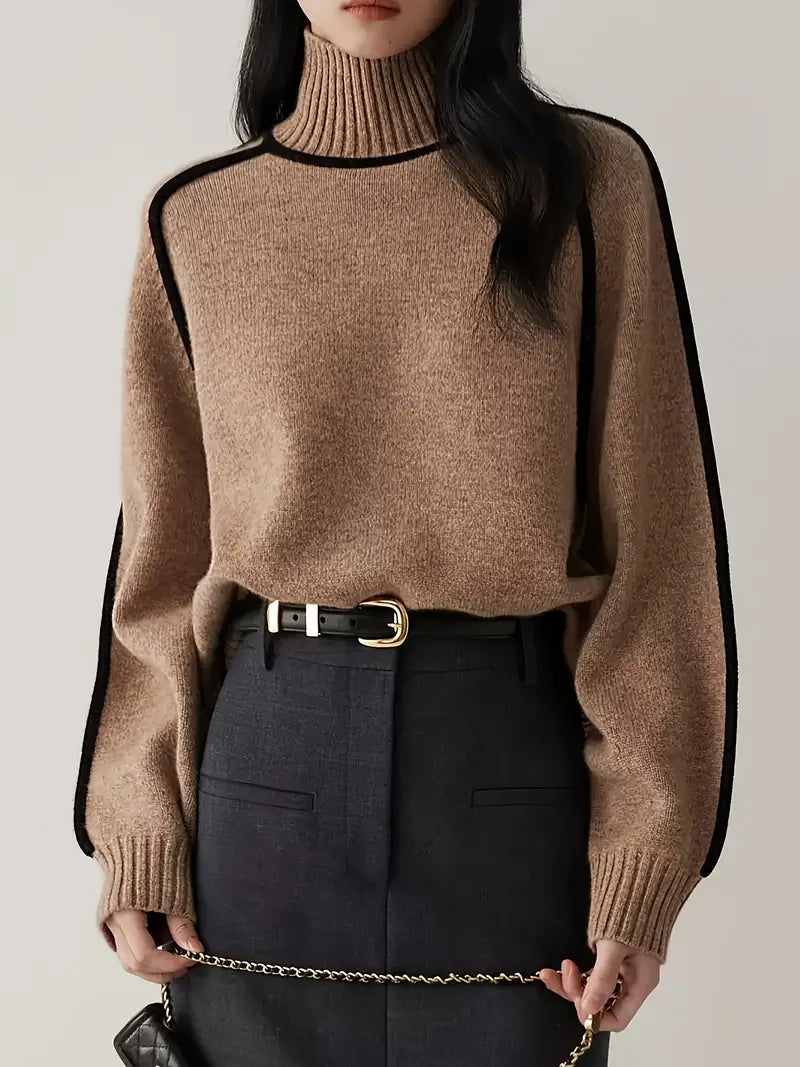 Brown turtleneck knit sweater with ribbed collar, cuffs, and hem