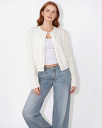 Women’s cropped button-front knit cardigan, round neck, white