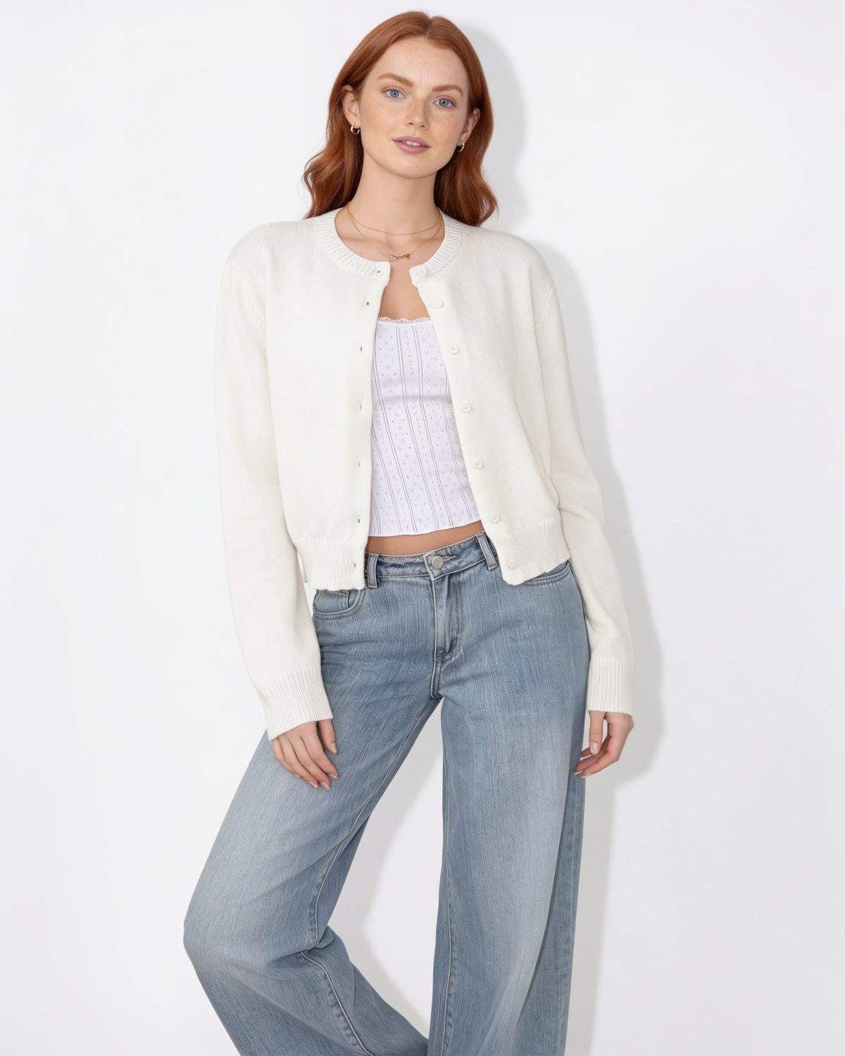 Women’s cropped button-front knit cardigan, round neck, white