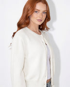 Women’s cropped button-front knit cardigan, round neck, white (close-up)