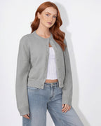 Grey cropped button-front cardigan with round neck, ribbed hem and cuffs