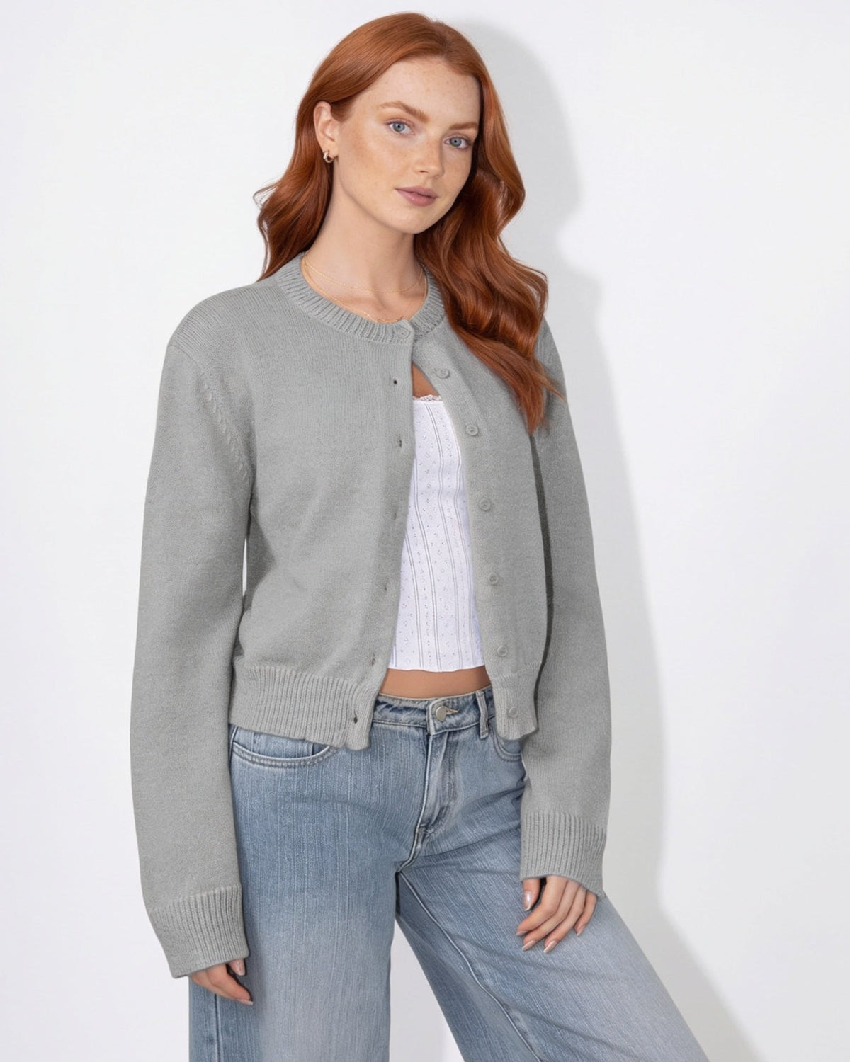 Grey cropped button-front cardigan with round neck, ribbed hem and cuffs