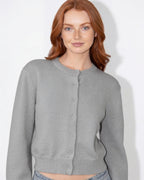 Grey round-neck knit cardigan with button-front and ribbed cuffs, cropped length