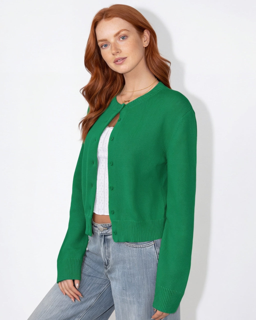 Women’s cropped button-front knit cardigan, round neck, green (side view)