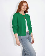 Women’s cropped button-front knit cardigan, round neck, green