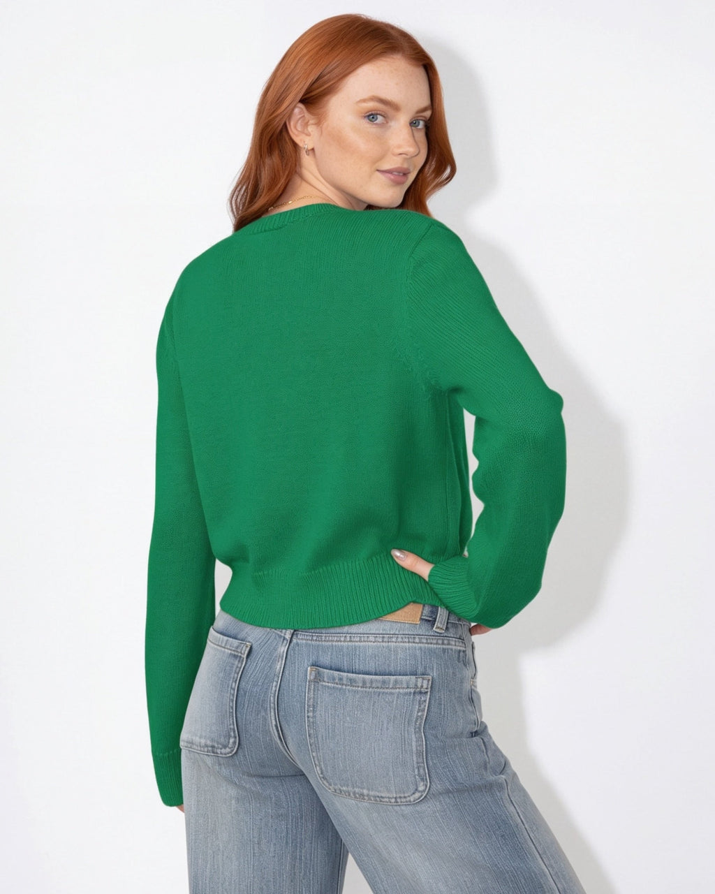 Women’s cropped button-front knit cardigan, round neck, green (back view)