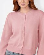 Women’s cropped button-front knit cardigan, round neck, dusty pink