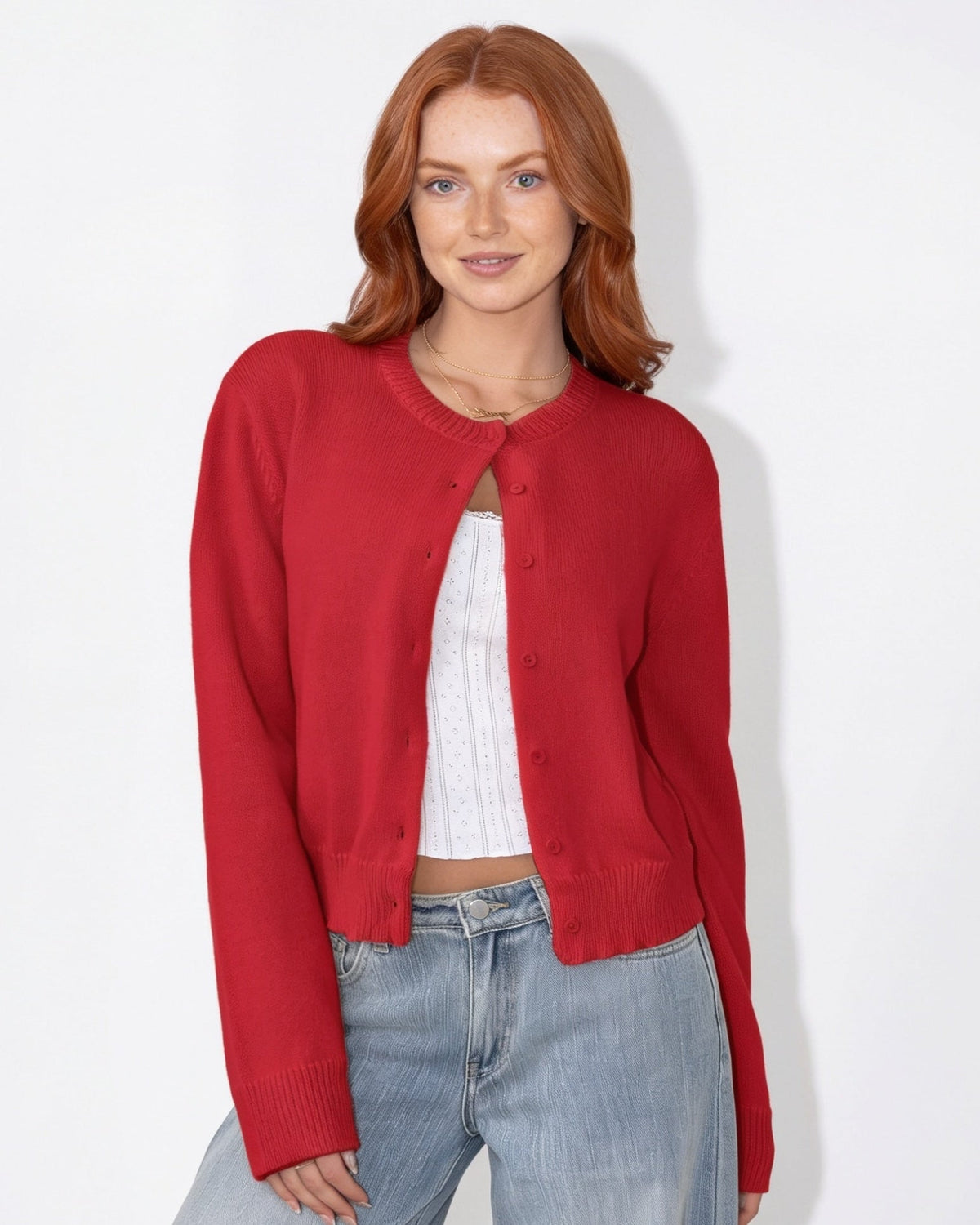 Red cropped knit cardigan with round neck and button front, long sleeves