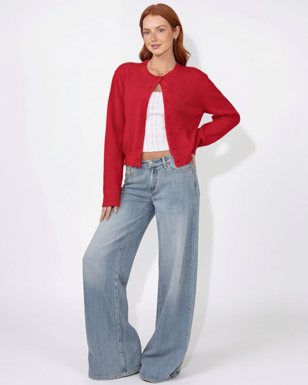 Women’s cropped button-front knit cardigan, round neck, red