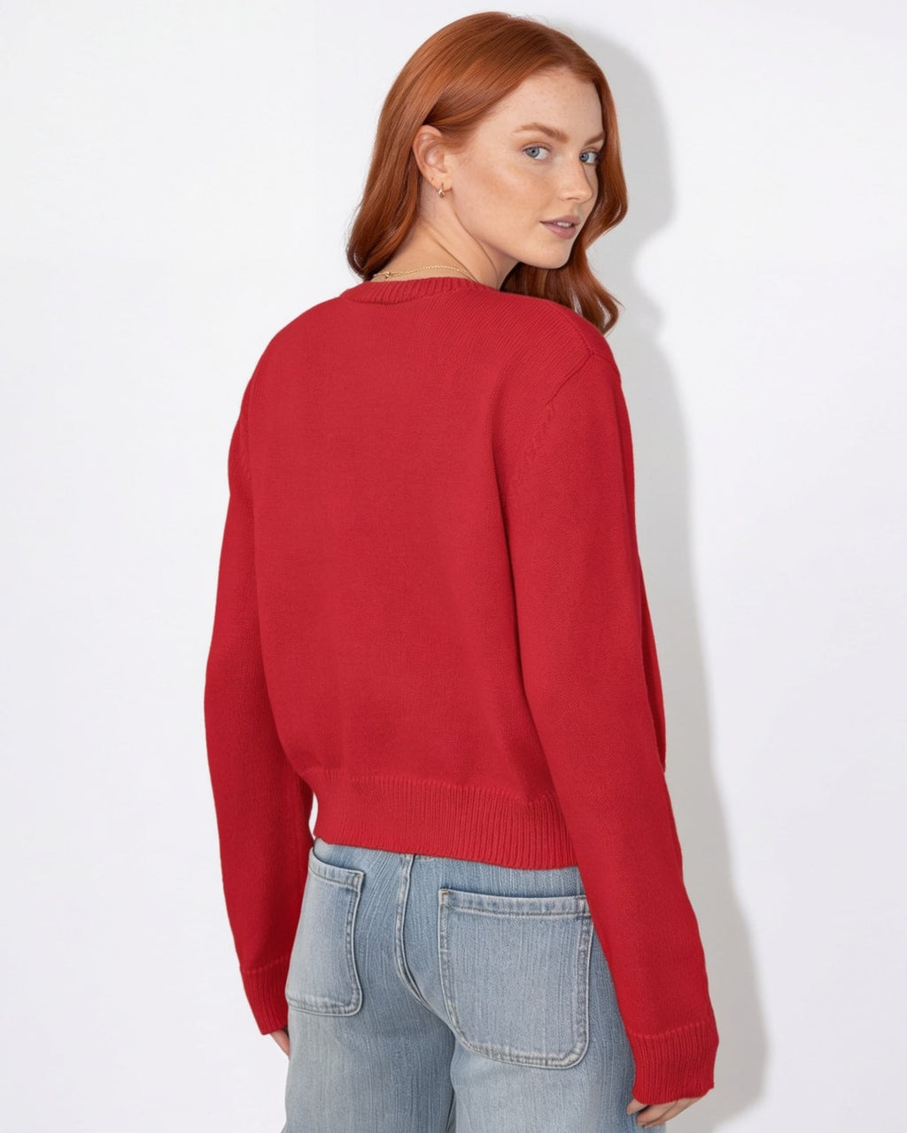 Women’s cropped button-front knit cardigan, round neck, red (back view)