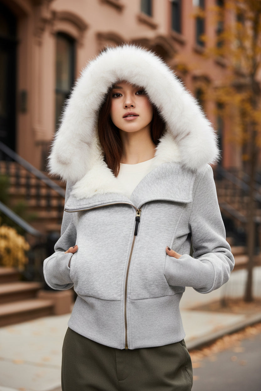Light grey zip-up hoodie with white faux fur hood trim and front zipper
