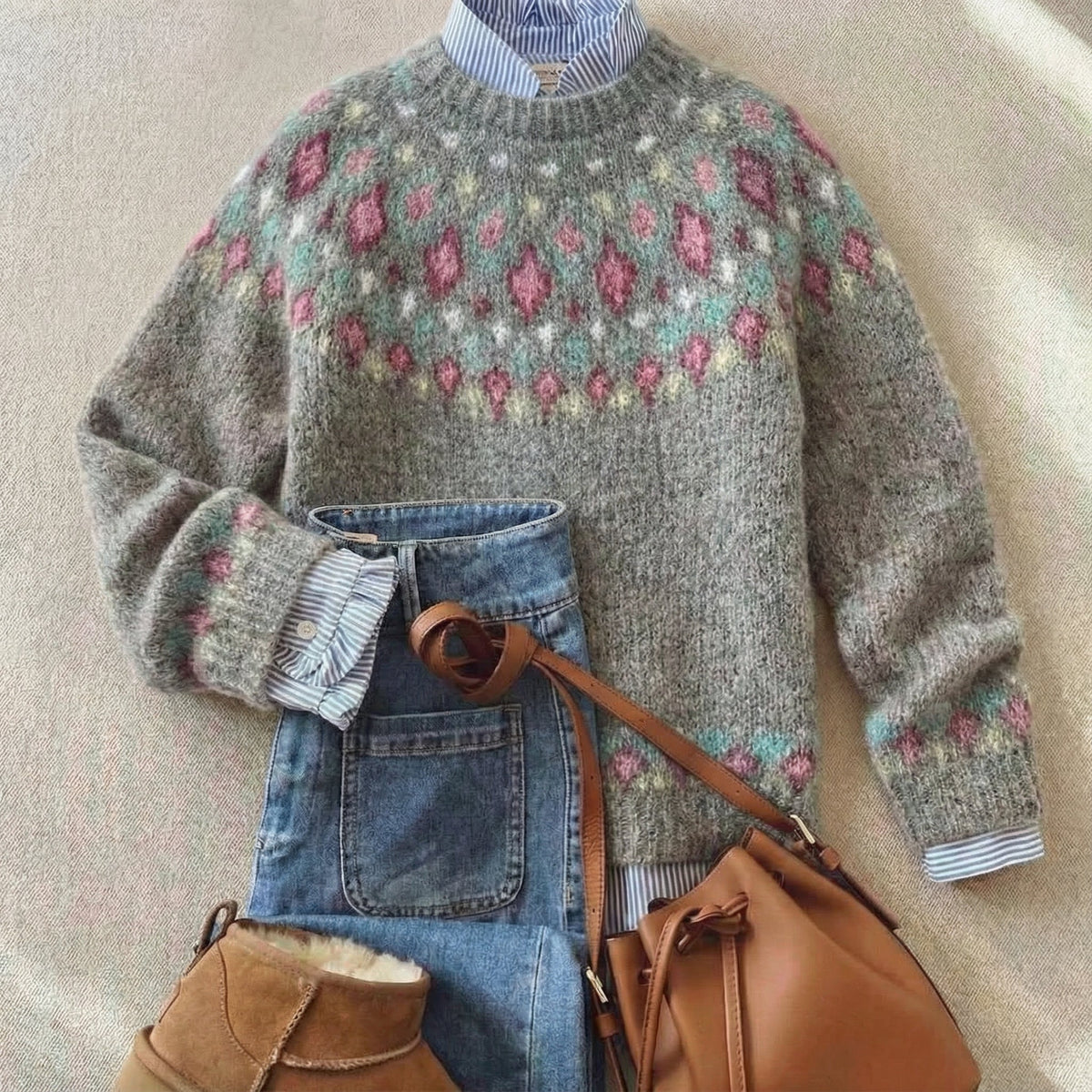 Folded heather gray knit sweater with pink and green fair isle motif and ribbed trim.