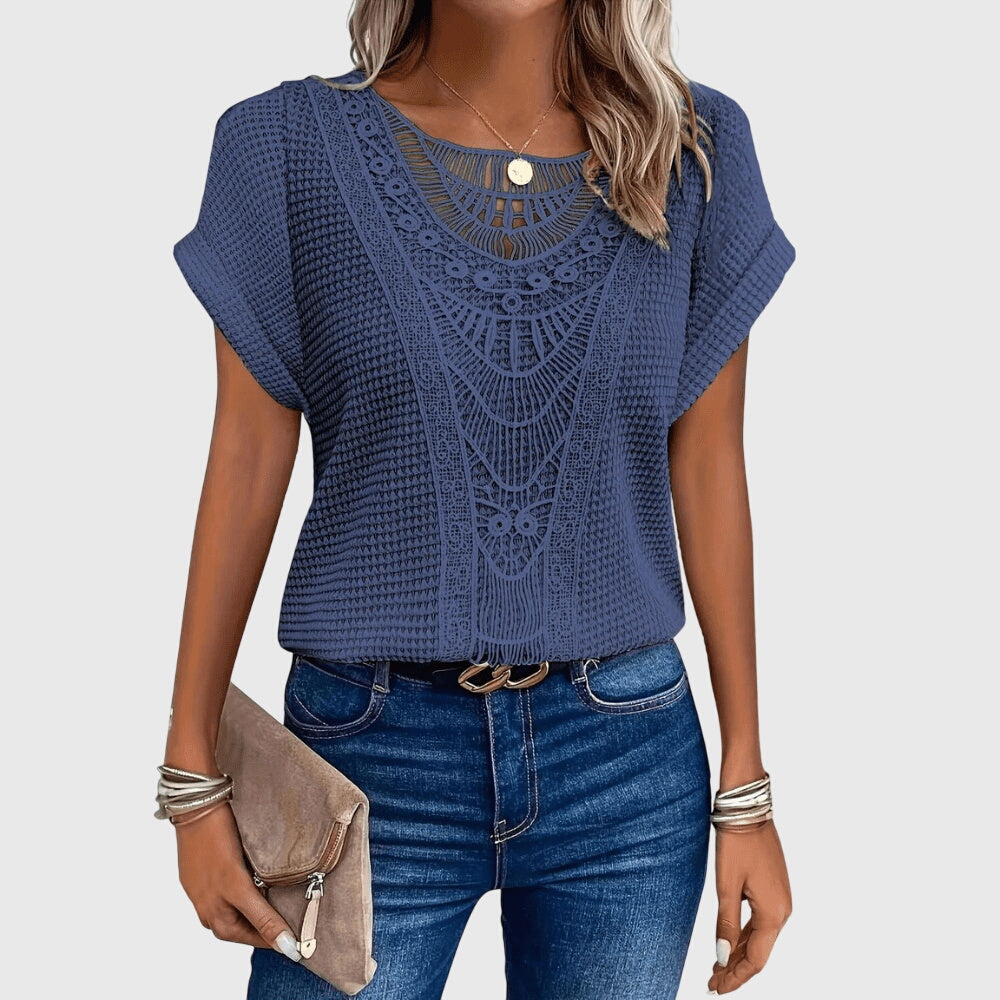 Navy crochet blouse with scalloped embroidered neckline and short flutter sleeves