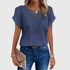 Navy crochet blouse with scalloped embroidered neckline and short flutter sleeves