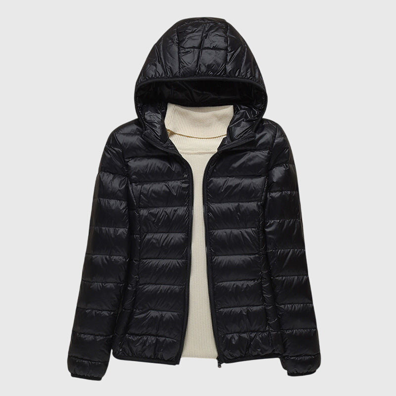 Ultra-light quilted jacket, black, full-zip with hood and ribbed knit inner cuffs