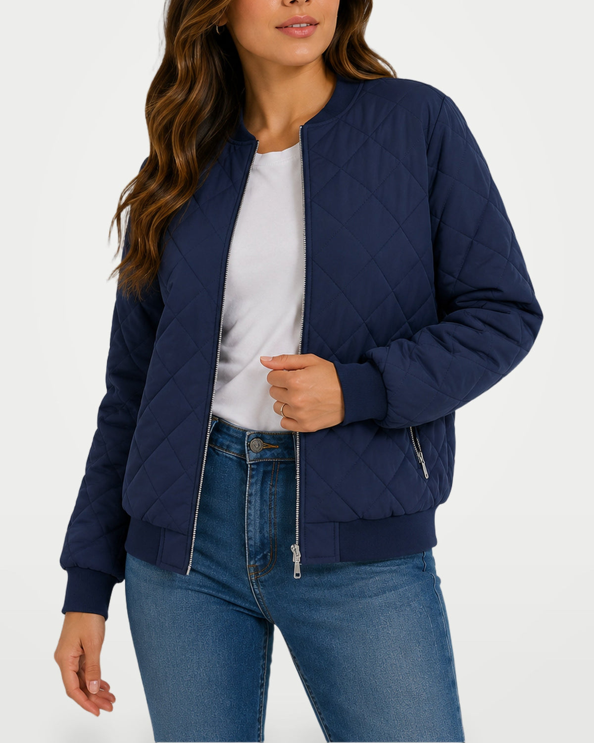 Women’s quilted bomber jacket in navy, front zipper, diamond-stitched quilted panels.