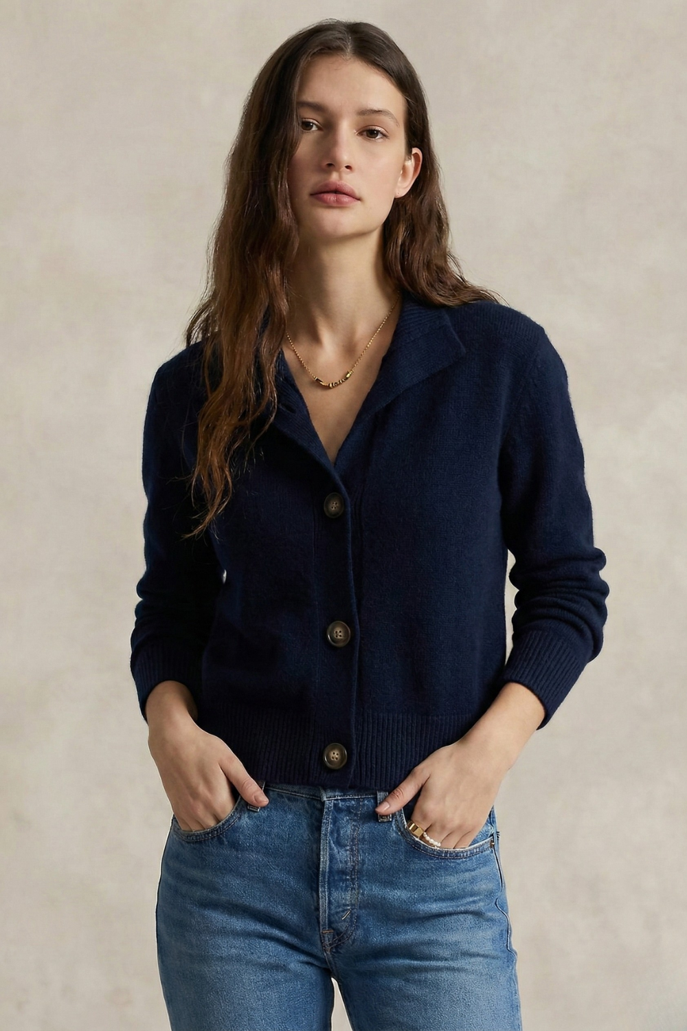 Navy merino wool blend button cardigan sweater with V-shaped collar and buttons