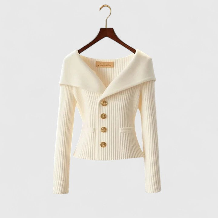 White ribbed cardigan with V-neck, long sleeves, and button front
