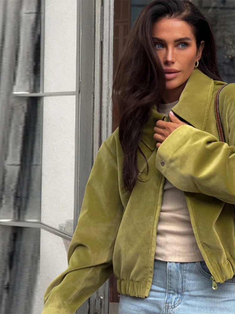 Olrinetta suede-like cropped jacket in olive green, collared with button placket and elastic cuffs