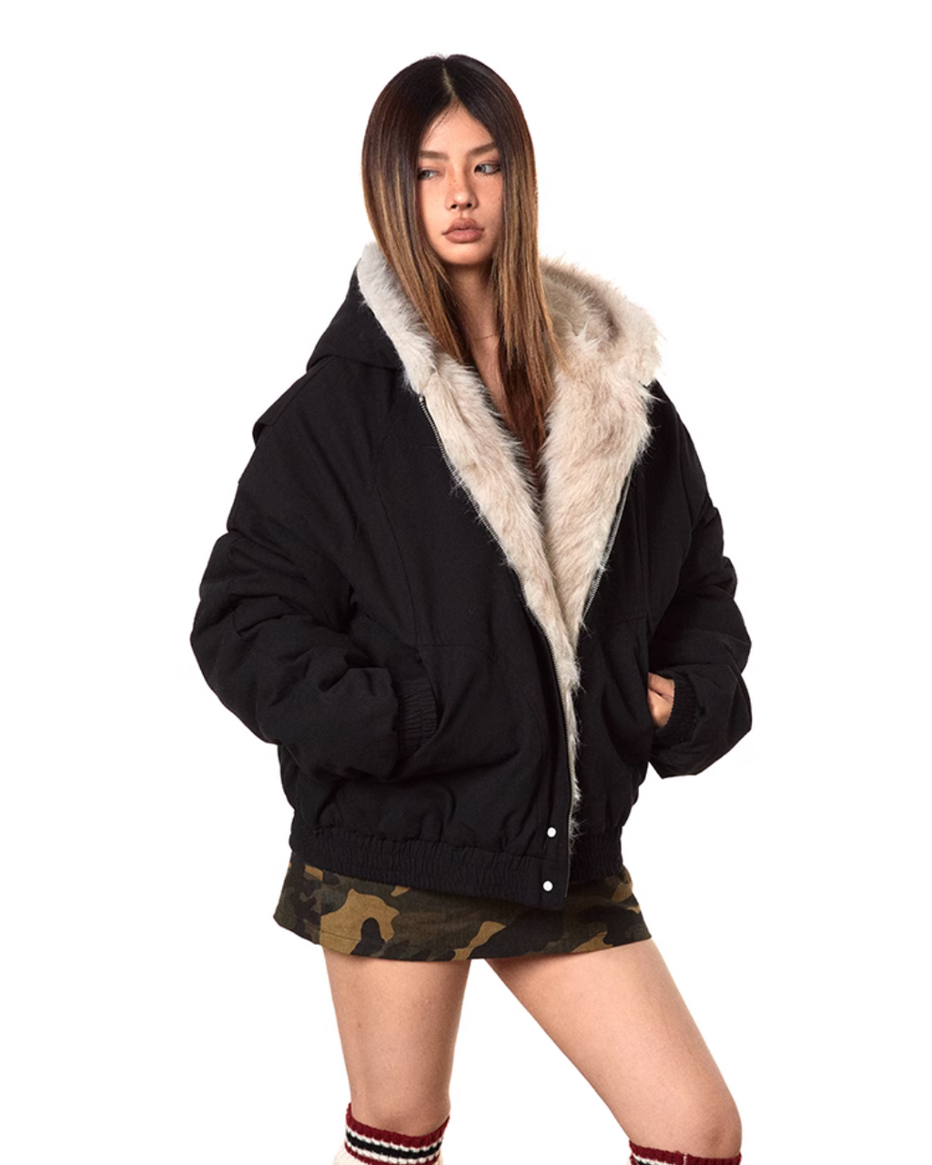 Black fur-lined oversized bomber jacket with faux shearling collar and zip front
