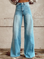 Light blue wide-leg jeans with high waist, button fly, belt loops