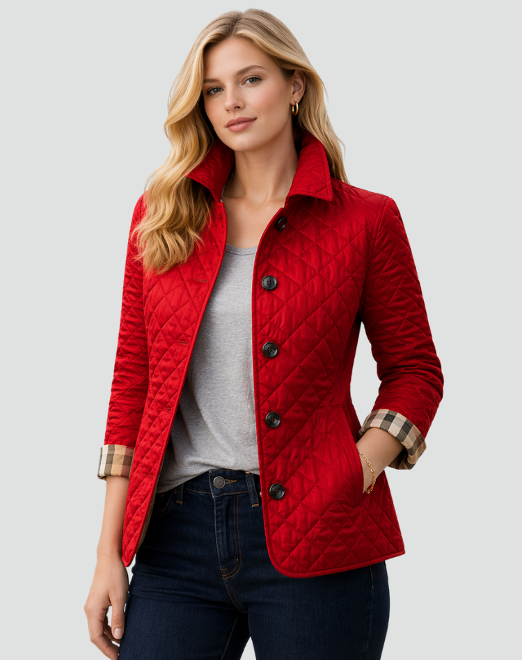 Women's quilted jacket, red button-front with stand collar and long sleeves