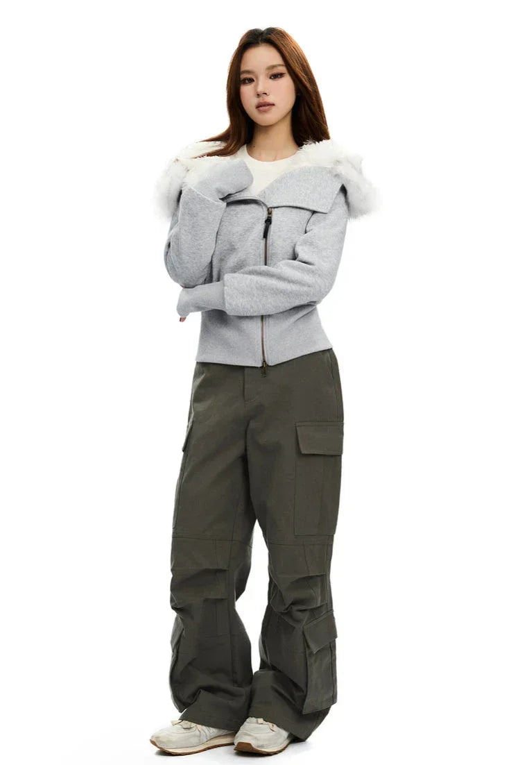 Light grey zip-up hoodie with white faux fur hood trim and central front zipper