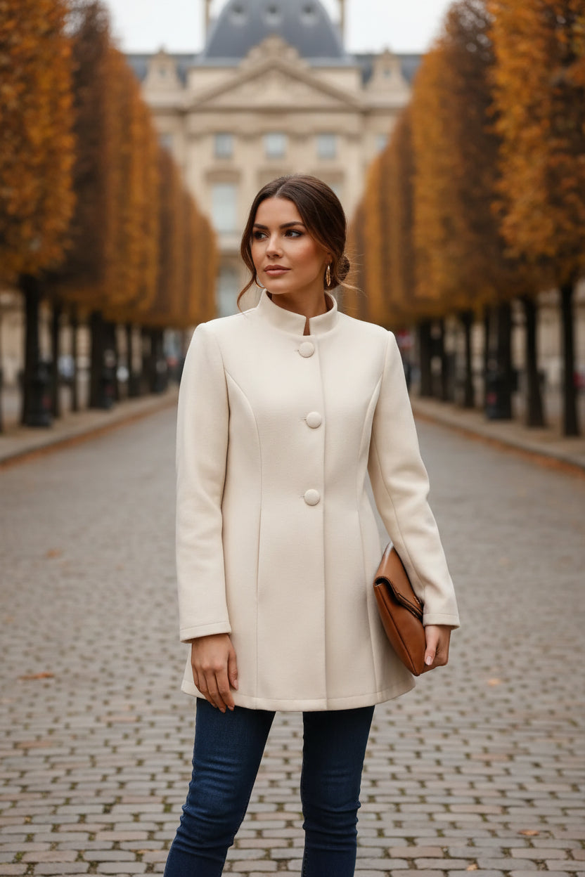 Women’s mid-length winter coat, cream, buttoned stand collar and long sleeves