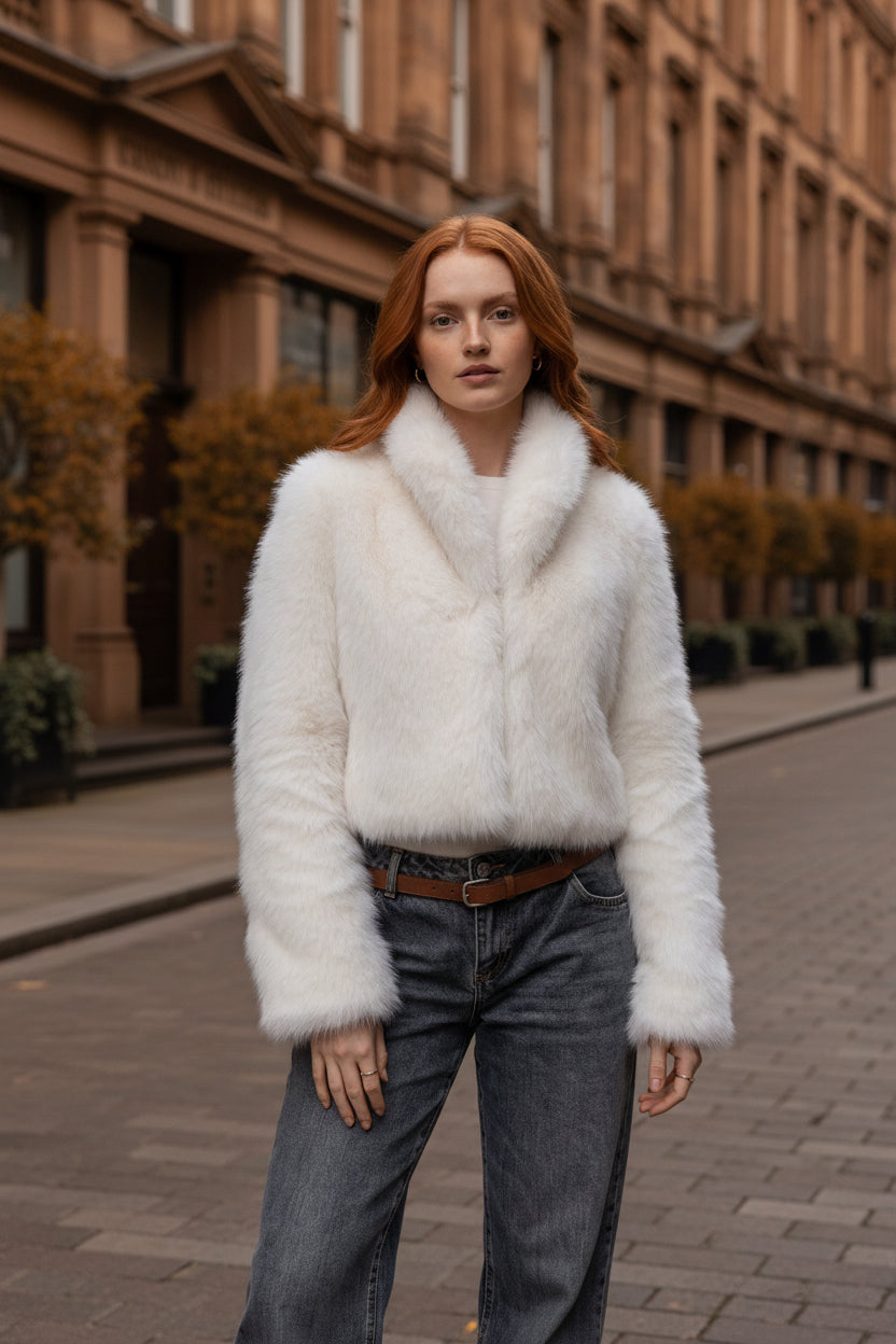 White cropped faux fur jacket with open front and long sleeves; front view