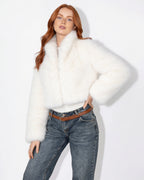 White cropped faux fur jacket with open front and long sleeves; side view