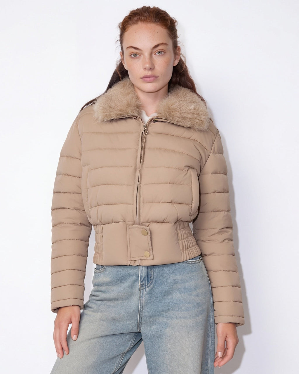 Beige cropped puffer jacket with faux fur collar and front zipper