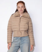 Beige cropped puffer jacket with faux fur collar and front zipper