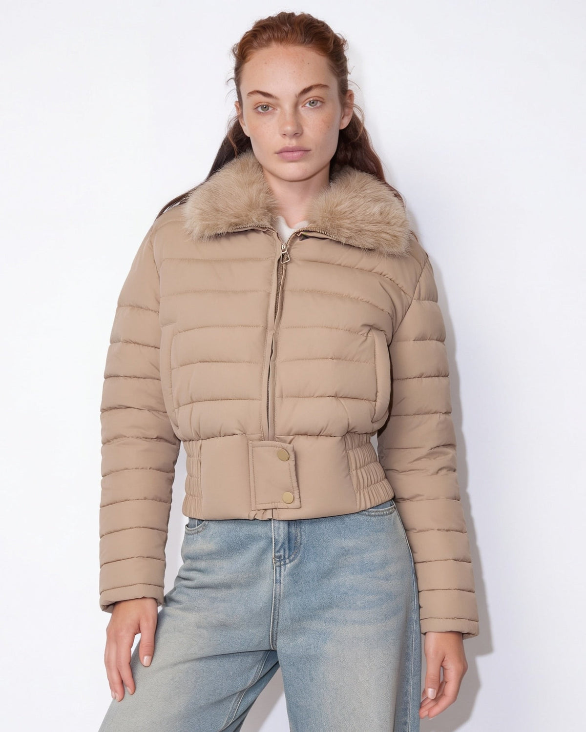 Beige cropped puffer jacket with faux fur collar and front zipper