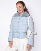 Light blue cropped puffer jacket with faux fur collar, front zipper, elastic waist