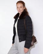 Black cropped puffer jacket with faux fur collar and full-length sleeves
