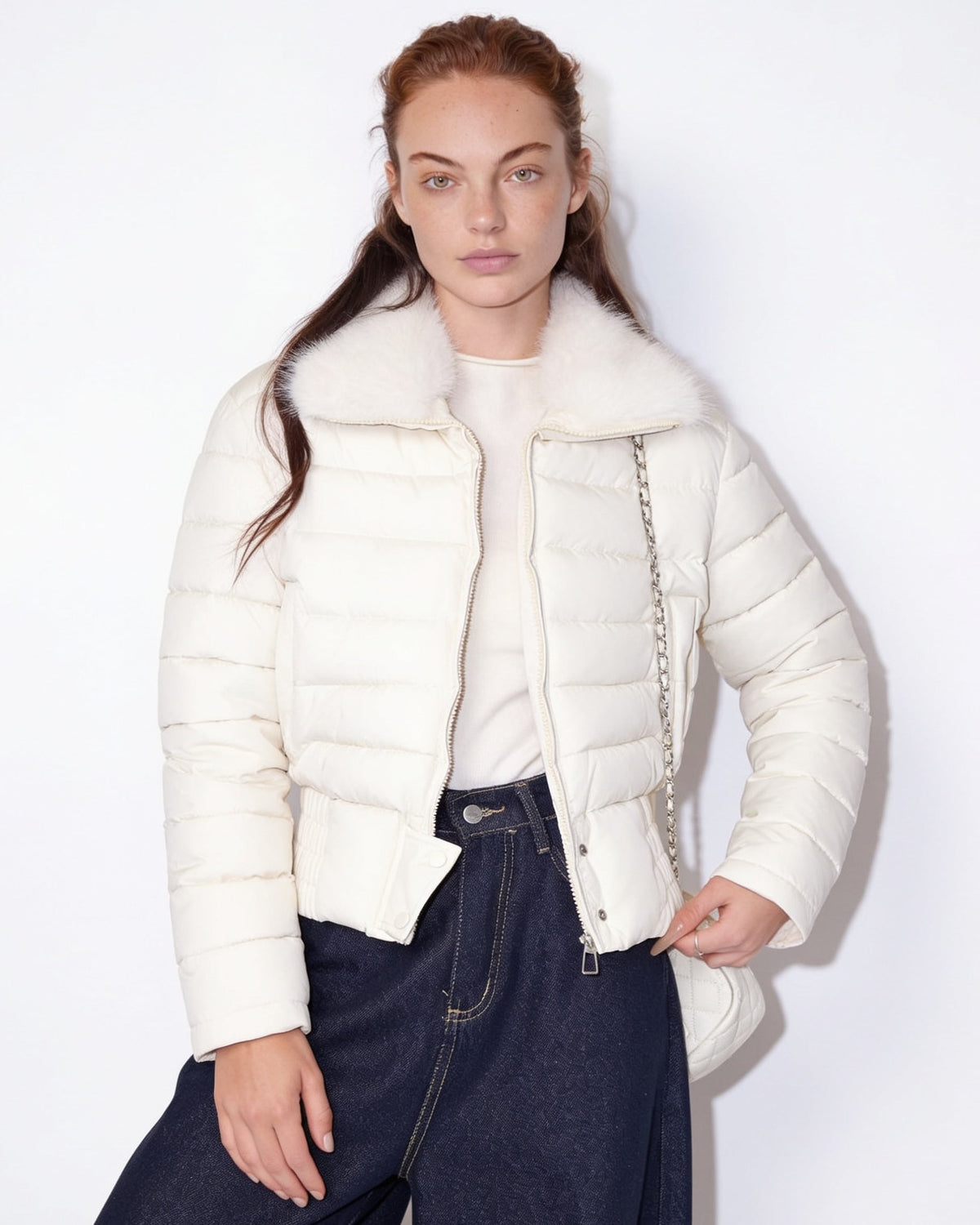 Off-white cropped puffer jacket with faux fur collar and zip front