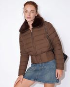 Brown cropped puffer jacket with faux fur collar, front zipper, quilted construction