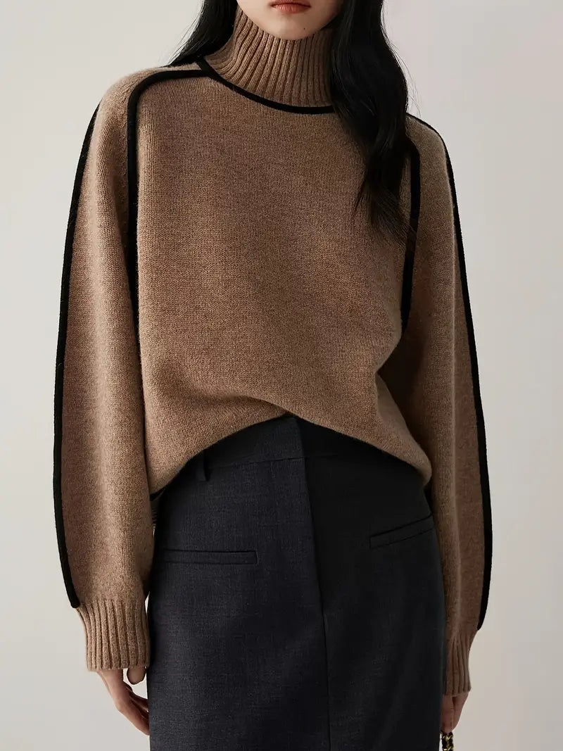 Brown turtleneck knit sweater with relaxed fit and ribbed neckline
