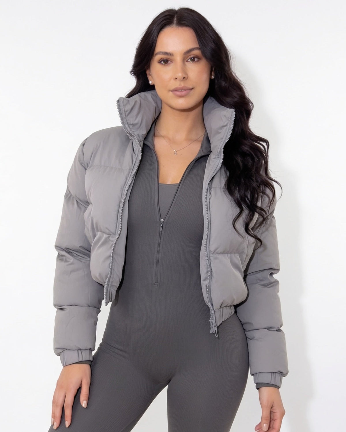 Cropped funnel-collar puffer jacket in grey, zip-front, standing funnel collar