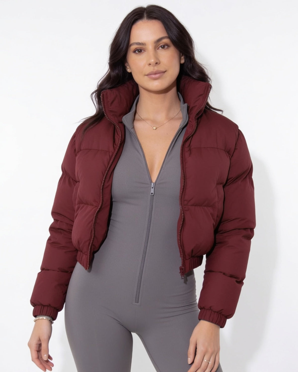 Cropped funnel-collar puffer jacket in burgundy, full-zip front, quilted puffer texture