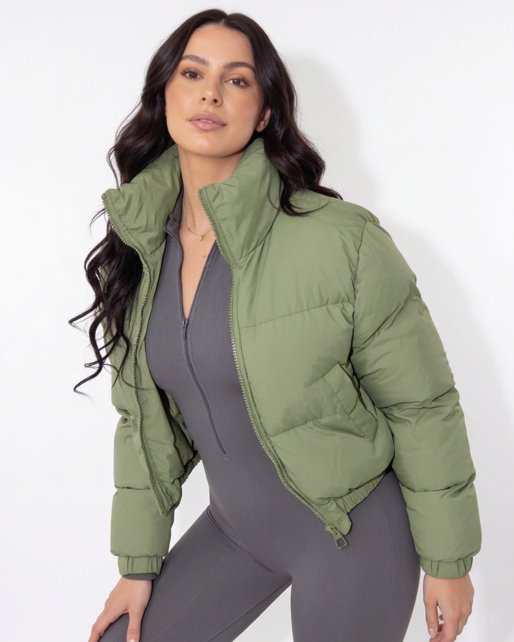 Army green cropped puffer jacket with funnel collar and zip front, long sleeves