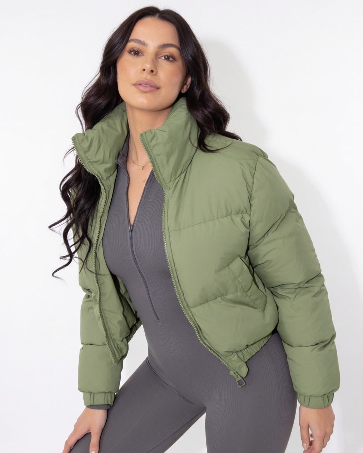 Army green cropped puffer jacket with funnel collar and zip front, long sleeves