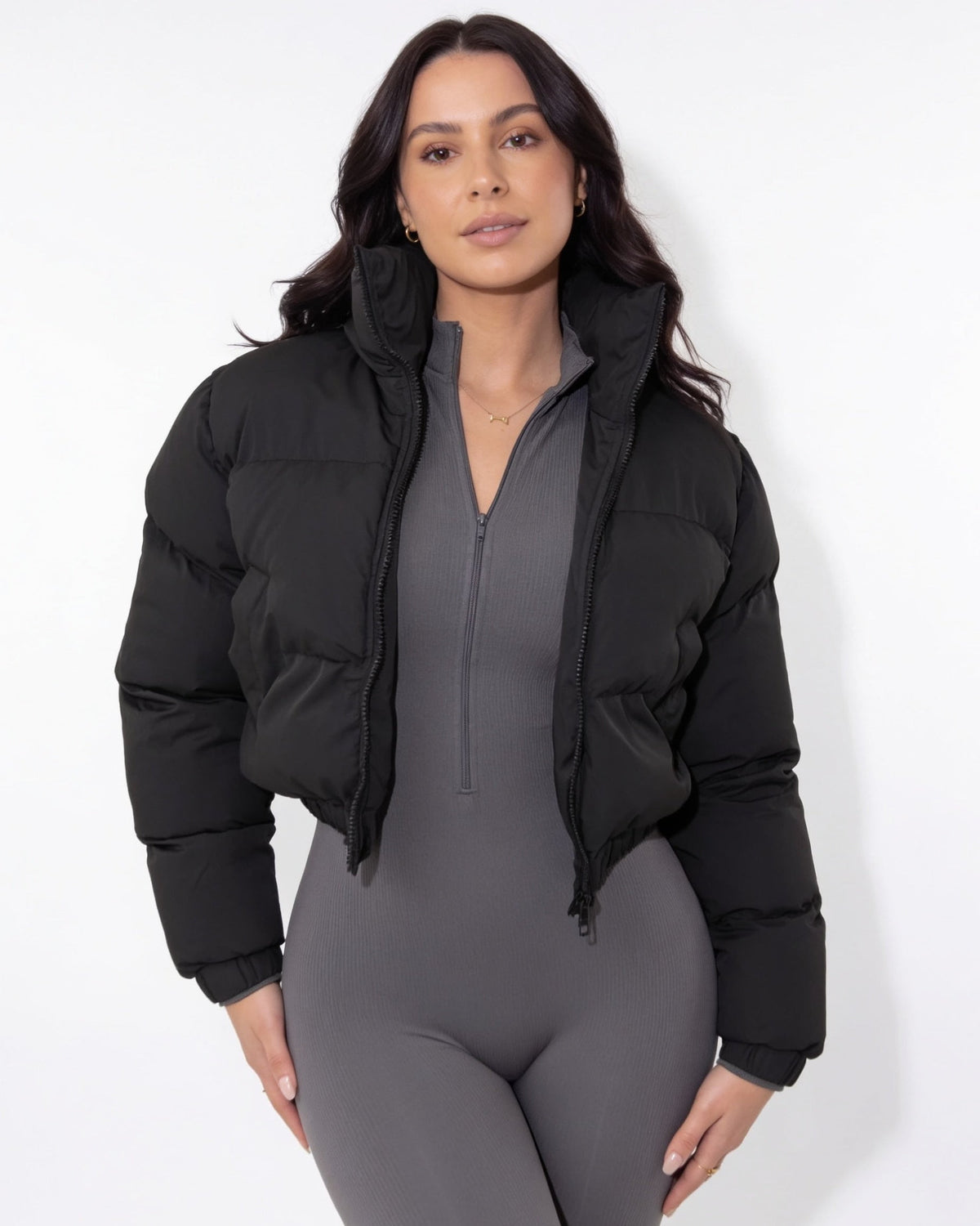 Cropped funnel-collar puffer jacket in black, zip-front, quilted insulation, ribbed cuffs