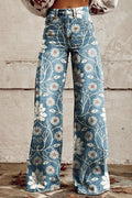 Boho wide-leg pants in blue with white daisy and vine print, front view