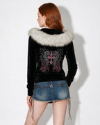Black faux fur trim hooded jacket with long sleeves, front zipper, velvety finish