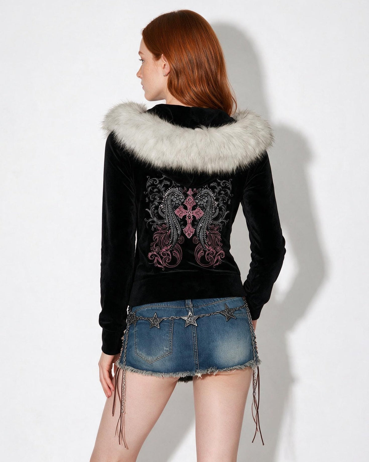Black faux fur trim hooded jacket with long sleeves, front zipper, velvety finish